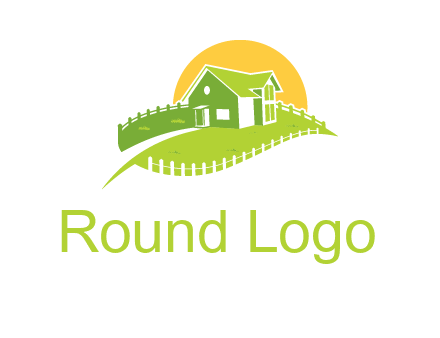 picket fence and sun behind farmhouse logo