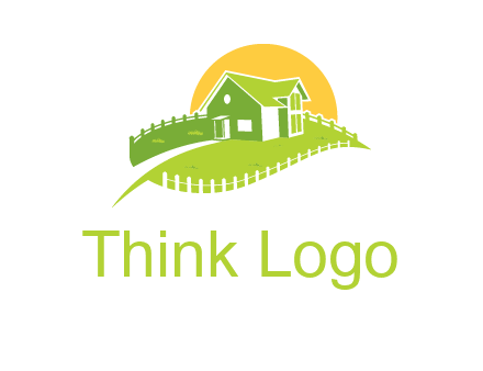 picket fence and sun behind farmhouse logo