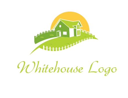 picket fence and sun behind farmhouse logo