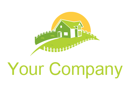 picket fence and sun behind farmhouse logo