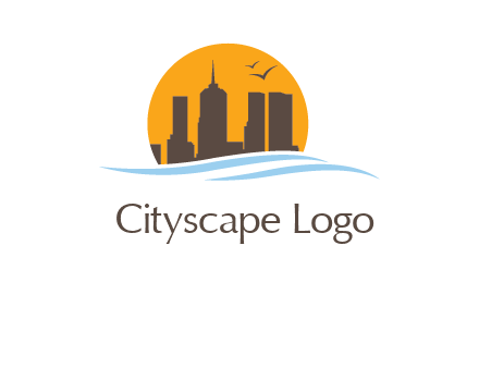 waves along skyscrapers inside circle logo