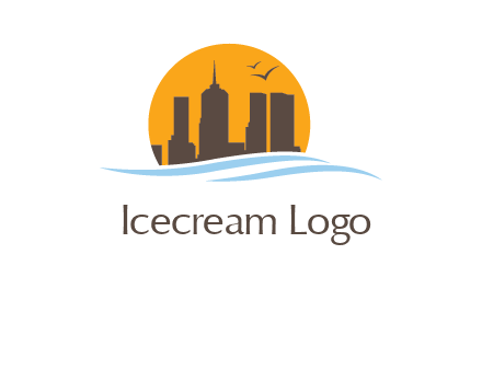 waves along skyscrapers inside circle logo