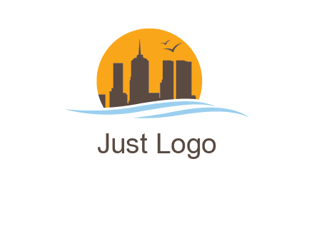 waves along skyscrapers inside circle logo