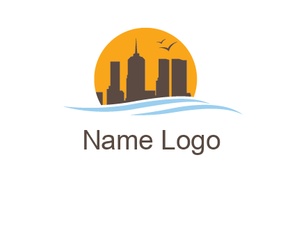waves along skyscrapers inside circle logo