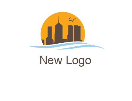waves along skyscrapers inside circle logo