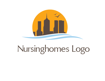 waves along skyscrapers inside circle logo