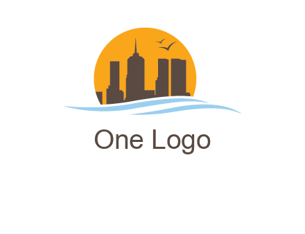 waves along skyscrapers inside circle logo