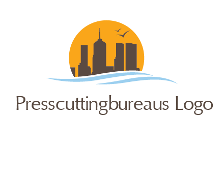 waves along skyscrapers inside circle logo