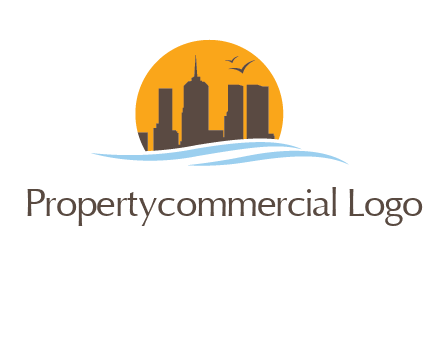 waves along skyscrapers inside circle logo