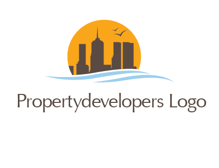 waves along skyscrapers inside circle logo