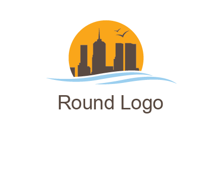 waves along skyscrapers inside circle logo