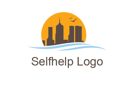 waves along skyscrapers inside circle logo