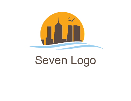 waves along skyscrapers inside circle logo