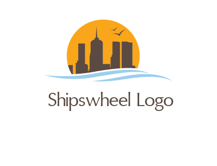 waves along skyscrapers inside circle logo