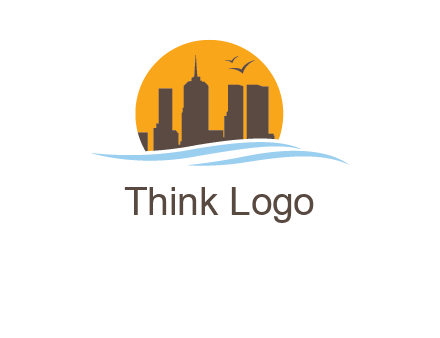 waves along skyscrapers inside circle logo