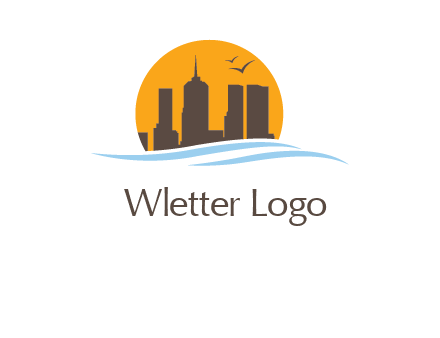 waves along skyscrapers inside circle logo