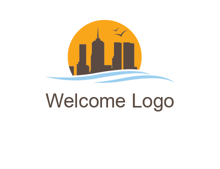 waves along skyscrapers inside circle logo