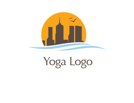 waves along skyscrapers inside circle logo