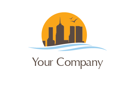 waves along skyscrapers inside circle logo