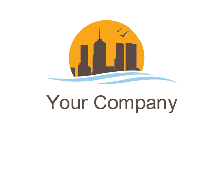 waves along skyscrapers inside circle logo