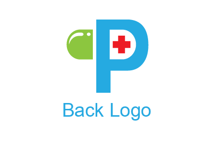 medical symbol is placed inside letter p with half capsule behind it