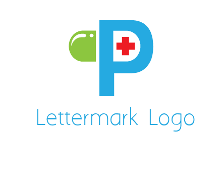 medical symbol is placed inside letter p with half capsule behind it