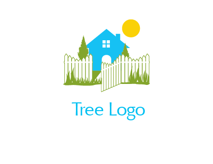 fence and house with trees sun real estate logo