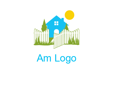 fence and house with trees sun real estate logo