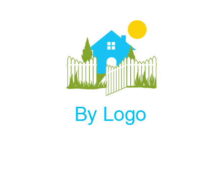 fence and house with trees sun real estate logo