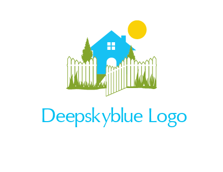 fence and house with trees sun real estate logo