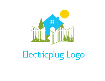 fence and house with trees sun real estate logo