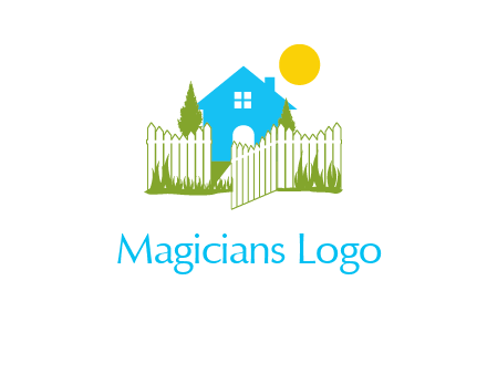 fence and house with trees sun real estate logo