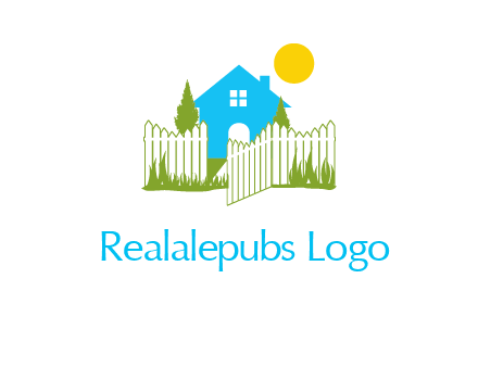 fence and house with trees sun real estate logo