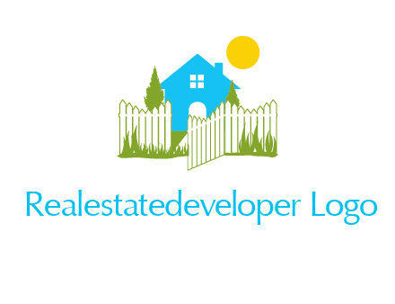 fence and house with trees sun real estate logo