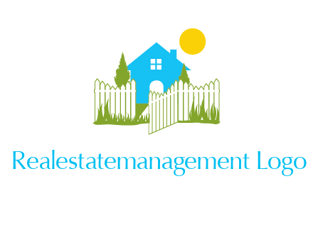 fence and house with trees sun real estate logo