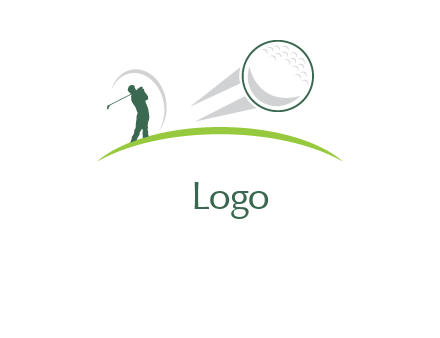 man swinging club and flying golf ball logo