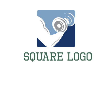 muscle arm with dumbbell in square logo icon