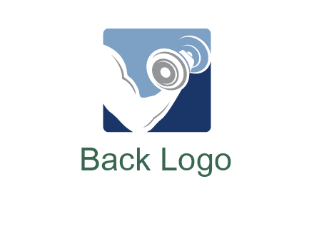 muscle arm with dumbbell in square logo icon