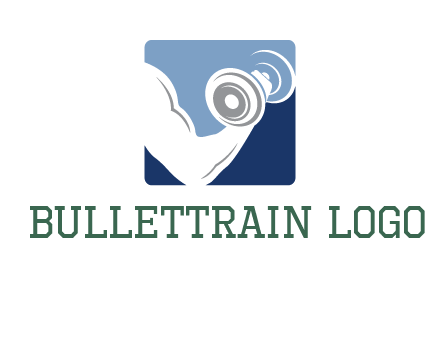 muscle arm with dumbbell in square logo icon