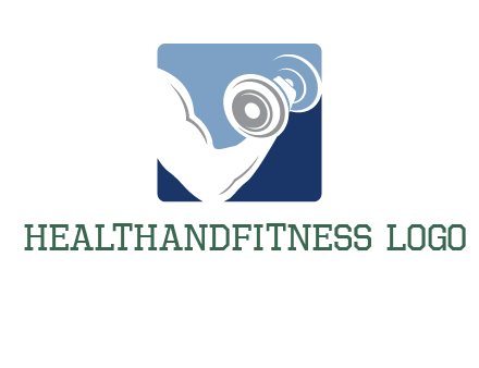 muscle arm with dumbbell in square logo icon