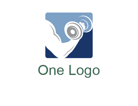 muscle arm with dumbbell in square logo icon