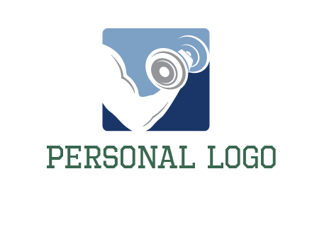 muscle arm with dumbbell in square logo icon