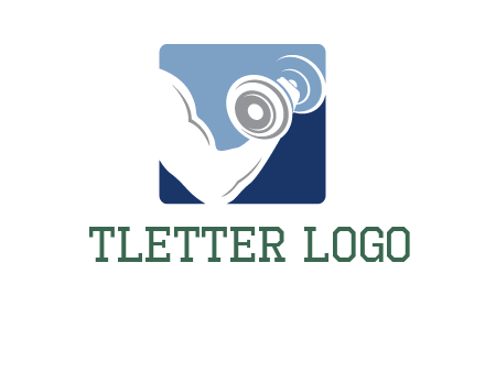 muscle arm with dumbbell in square logo icon