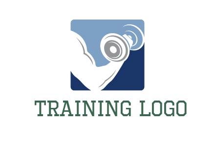 muscle arm with dumbbell in square logo icon