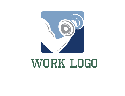 muscle arm with dumbbell in square logo icon