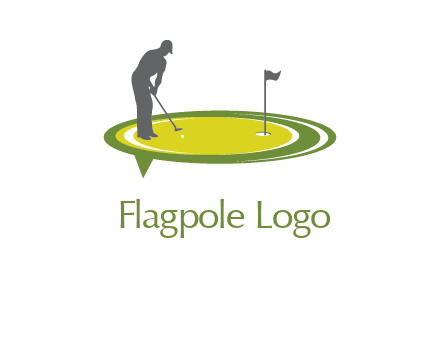 man playing golf on turf with flag logo