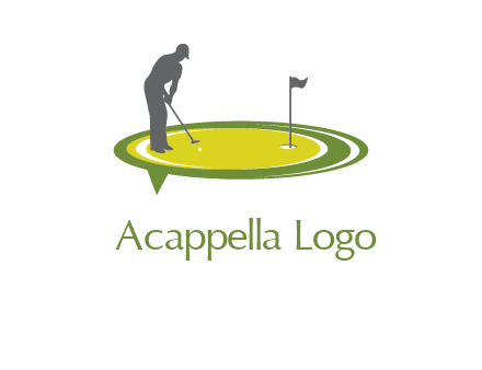 man playing golf on turf with flag logo