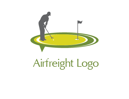 man playing golf on turf with flag logo