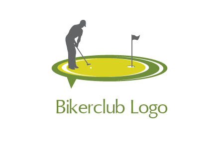 man playing golf on turf with flag logo