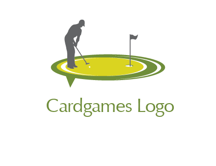 man playing golf on turf with flag logo